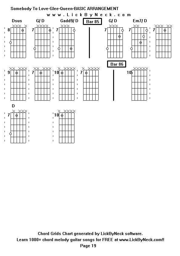 Chord Grids Chart of chord melody fingerstyle guitar song-Somebody To Love-Glee-Queen-BASIC ARRANGEMENT,generated by LickByNeck software.